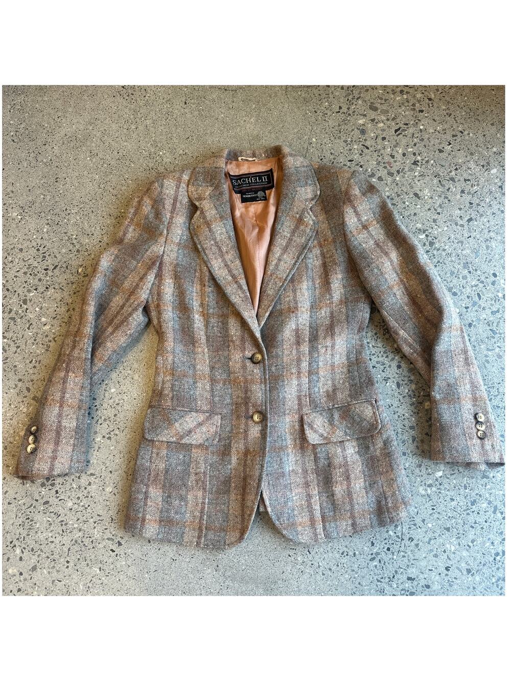 Sachel II Women’s Small Wool Plaid Blazer Tweed Jacket Tailored Vintage